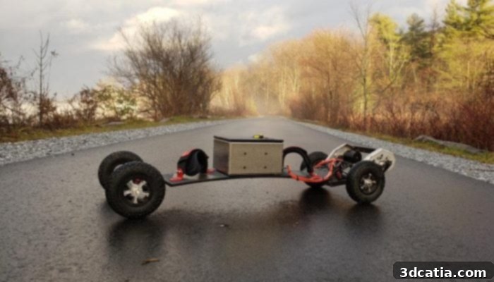 Mike Elrod's custom-designed mountainboard, showcasing robust wheels and suspension for off-road riding.
