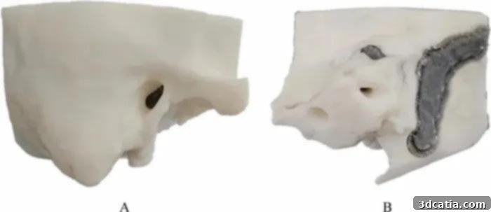 Front and rear view of the 3D printed mastoidectomy simulator used for surgical training.