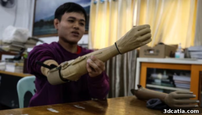 Chan Thar receives a 3D printed prosthetic arm fitting at Mae Tao Clinic.
