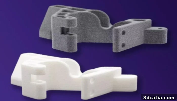 PA 12 (white) is the lightest type of nylon, while PA 11 (grey) has better mechanical properties.