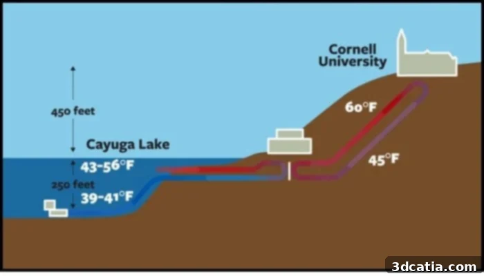 Cornell University's Lake Source Cooling System, showing its infrastructure.