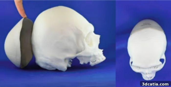 3D printed PEEK cranial implant being placed onto a skull