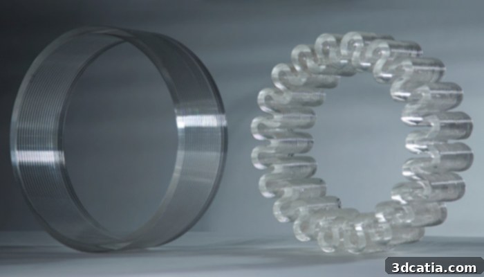 Various intricate parts created by glass 3D printing technology, showcasing complex geometries.