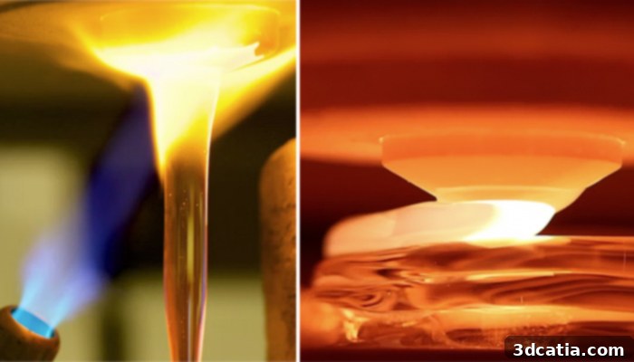 Glass 3D printing in action, showing the printer head and high-temperature environment.
