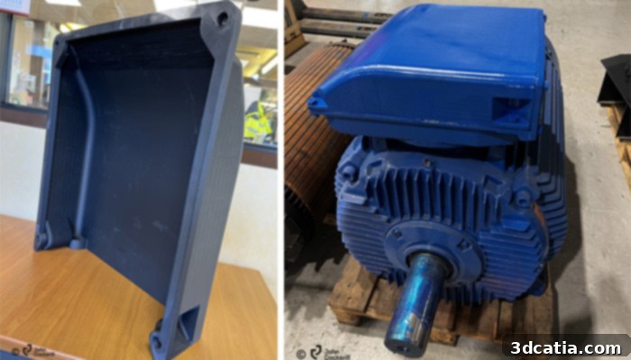 Large 3D printed components used for machining applications, showcasing complex geometries and significant scale
