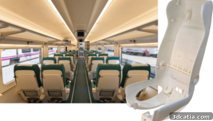 Large industrial 3D printer creating a complex, functional part for transportation or aerospace