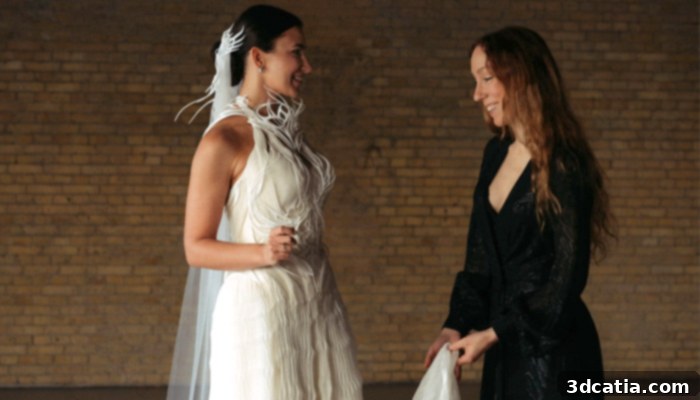 Mariana Pavani wearing her 3D printed wedding dress by Iris van Herpen