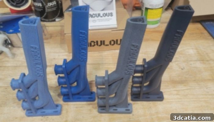 Food nozzles 3D printed in BLUECARE and DETECT materials, some post-processed by vapor smoothing.