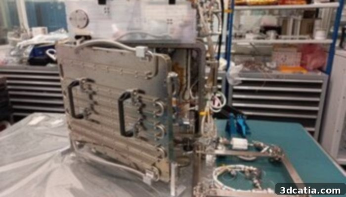 Close-up of the ESA's 3D metal printer securely contained within its fully-sealed box aboard the ISS for safety during operation.