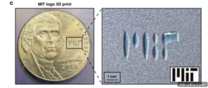 MIT logo printed on a nickel using the new chip-based 3D printer.