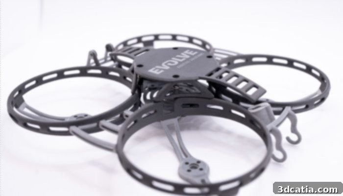 Example of a co-printed, part consolidation of a drone produced by Evolve using both black and gray ABS in a single print.