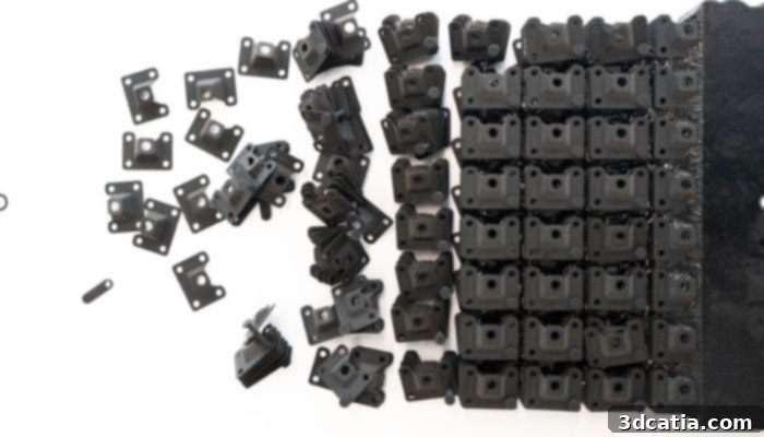 STEP Production build of a mass quantity of brackets printed in black ABS