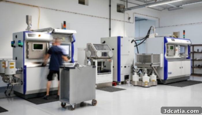 M&H's advanced manufacturing facility in Ilz, featuring the SLM 800 3D metal printer, producing complex components for the US energy grid. The image shows an industrial machine operating.