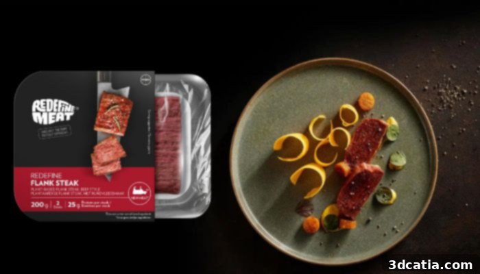 3D printed plant-based flank steak on a wooden cutting board, ready for cooking