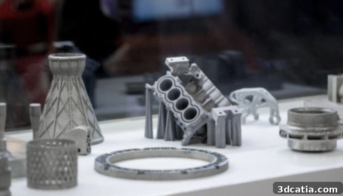 Complexity is a benefit of additive manufacturing over injection molding, showing a 3D printed part with intricate design.