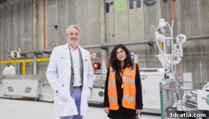 Renew IT Founder and CEO James Lancaster and UNSW SMaRT Centre Founder and Director, Professor Veena Sahajwalla stand proudly next to recycled plastic filament. 