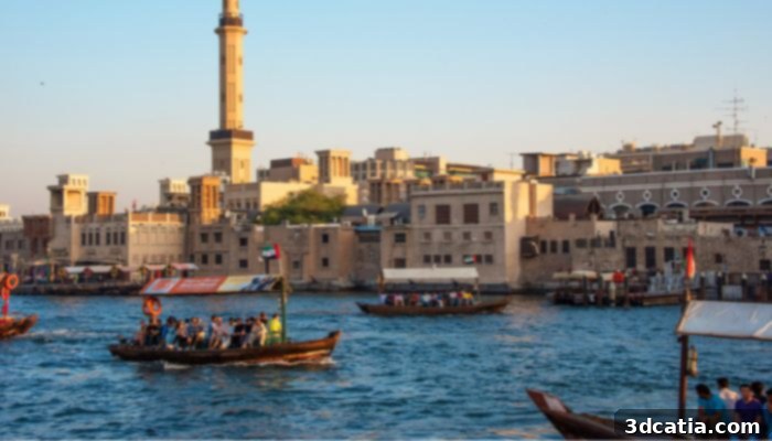 Traditional wooden abras crossing Dubai Creek with city skyline in the background