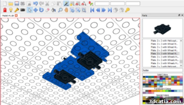 LeoCAD software interface showing a 3D model made of LEGO-like bricks.