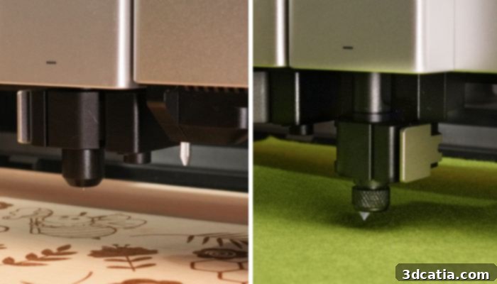 xTool M1 Ultra displaying its laser mode (left) and blade mode (right) functionalities.