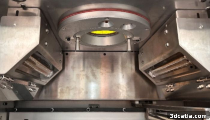 A close-up view of the spacious and advanced build chamber within the STROM SLS PEKK printer.