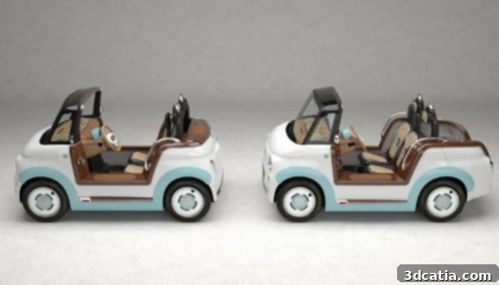 Comparison of the short and long versions of the Fiat Topolino Spiaggina by Castagna, highlighting the extended rear overhang of the long model.