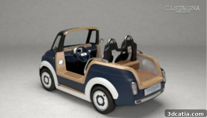 The extended rear overhang of the long version of the Fiat Topolino Spiaggina, featuring a teak cargo area.