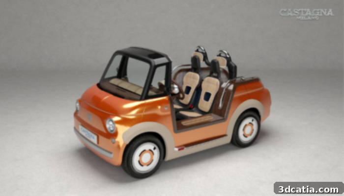 A close-up view of the customizable interior and details of Castagna's Fiat Topolino Spiaggina, showcasing premium materials and design.