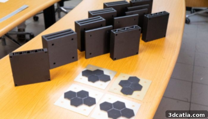 Various designs of 3D printed Kevlar shields for aerospace repair, developed through the SBORAEK project.