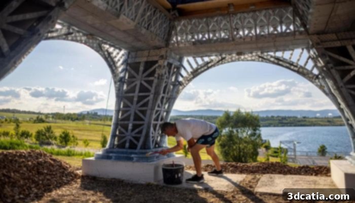 Installation of the 3D printed Eiffel Tower on the shores of Lake Most