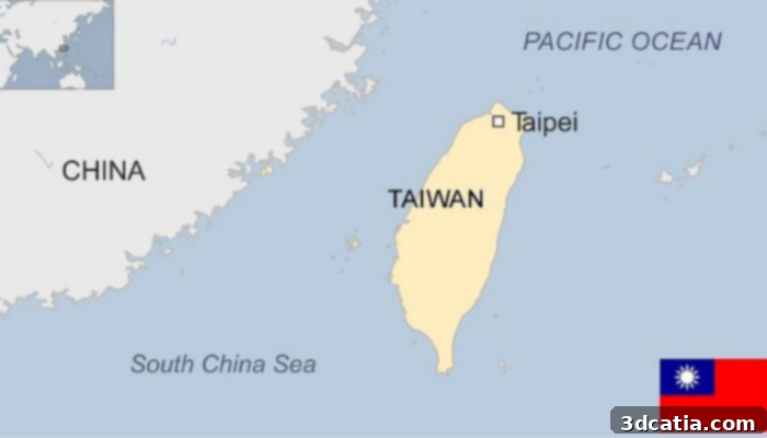 Map showing Taiwan and China, highlighting their proximity and contentious relationship.