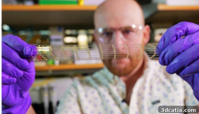 A close-up image showing a translucent, flexible 3D printed material shaped like a patch, gently conforming to a realistic model of a human heart, demonstrating its potential as a 'band-aid' for heart repair.