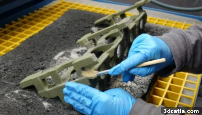 A machine operator carefully cleans a complex 3D-printed sand core.