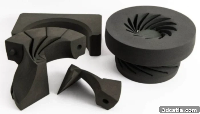 A sand 3D printing mold for a wheel demonstrates complex geometries.
