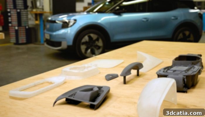 Various 3D printed automotive parts, showcasing different geometries and materials, used in the development of the Ford Electric Explorer.