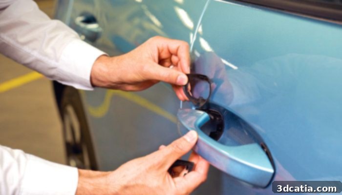 A 3D printed automotive door handle with two small, circular rubber components for damping and insulation.