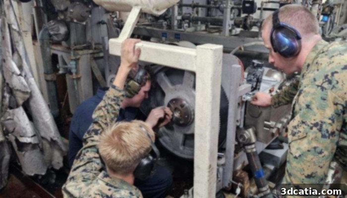 Sailors installing a 3D-printed stainless steel reverse osmosis pump sprocket bushing aboard USS Somerset during RIMPAC 2024, showcasing on-demand additive manufacturing for critical ship repair.