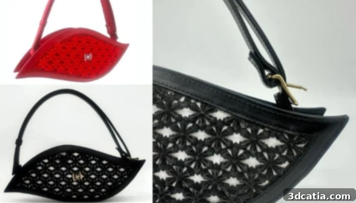 The COMETE bag in red and black, with a close-up of its 3D printed silicone floral elements