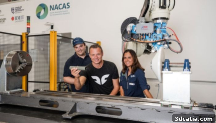 A team of engineers and researchers standing next to an industrial robot, which is likely used for Advanced Fiber Placement in drone component manufacturing.