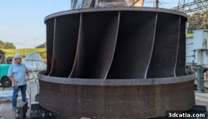 ORNL’s Jay Tiley inspects a hydroelectric runner from TVA’s Cherokee Dam