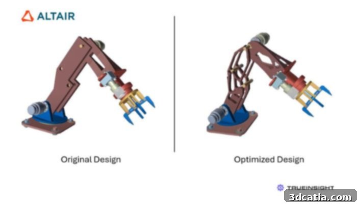 Altair Inspire helps optimize designs, illustrated by a before and after comparison image.