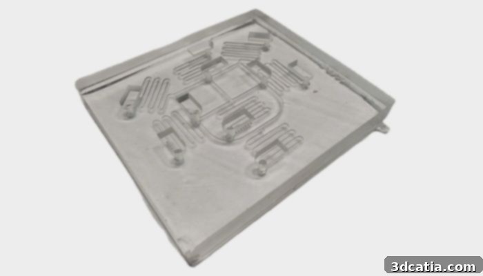 A close-up image of the 3D printed microfluidic device designed by IITH, showcasing its intricate serpentine channels and cylindrical wells.