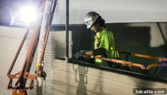 A construction worker monitors a 3D concrete printer extruding layers of concrete during the building process for Walmart's Athens, TN facility.