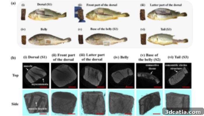 Micro-CT scanning of different parts of yellow croaker fish muscle tissue revealing muscle and fat distribution for 3D printing simulation