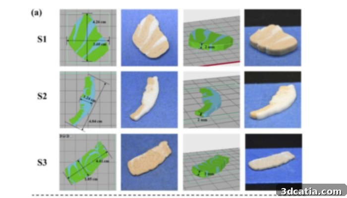 Dual-nozzle 3D printed plant-based fish showing dorsal, belly, and tail sections