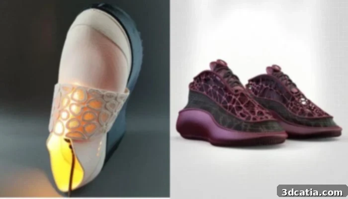 Left: Daniel Petcu’s fully 3D Printed shoe; Right: Collaboration with computational designer Oran Sheinman