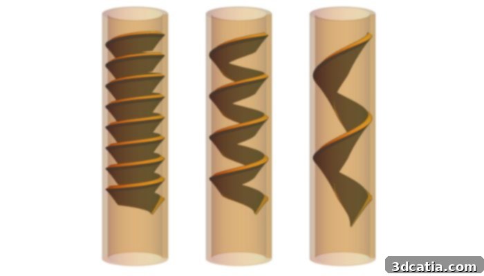 Close-up images showing the intricate helical structures within the pipes' interiors, highlighting different design variations.
