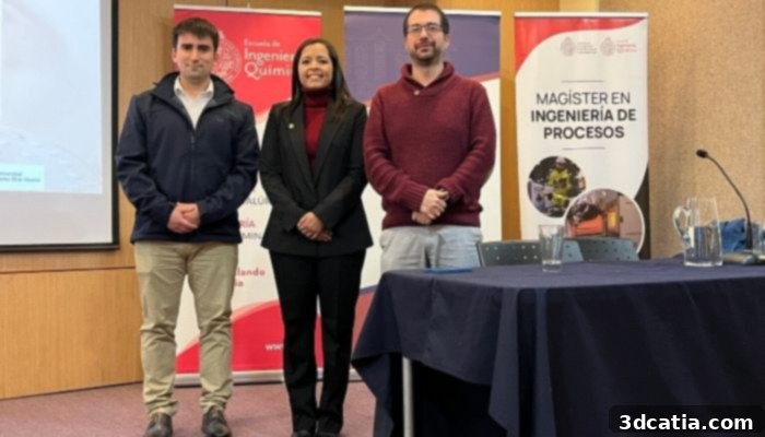 PUCV researchers Dr. Dreidy Vásquez, Rodrigo Ruz, and Dr. Francisco Pizarro discussing 3D printed antenna project