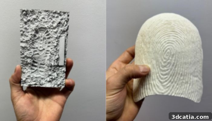 3D-printed replicas of a shoe print and an enlarged fingerprint
