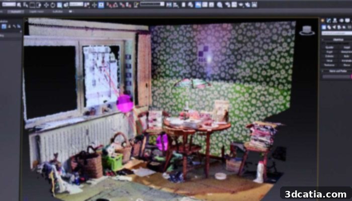 3D reconstruction of a crime scene showing blood spatter analysis
