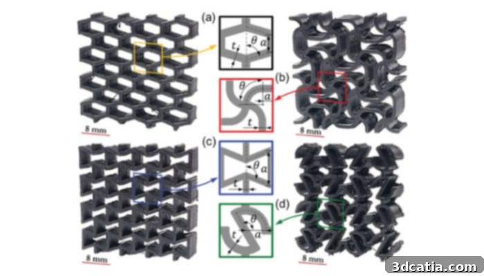 Four distinct lattice structures created by University of Glasgow engineers for self-sensing material research.